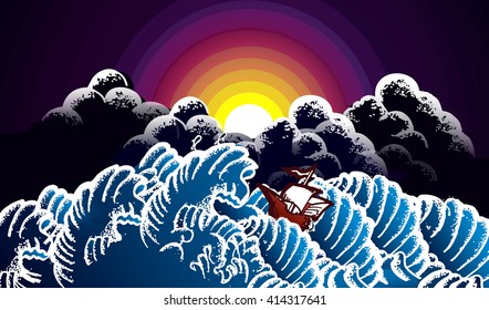 Vector illustration of a ship in the open sea during a storm