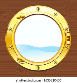 Vector illustration of ship porthole on wooden background.