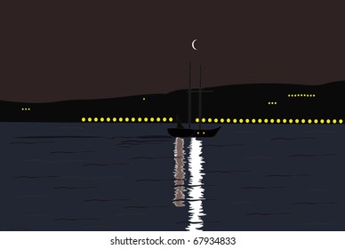 Ilustración vectorial de las velas navales en el mar de noche oscura