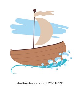Vector illustration of a ship with sails floating on the waves. Children's cartoon illustration on the sea theme. World ocean day and Neptune Day. Drawing for children's books, stickers, textiles, toy