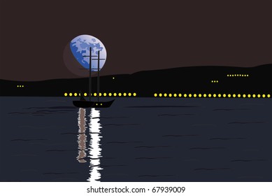 Vector illustration of ship sails under the moonlight