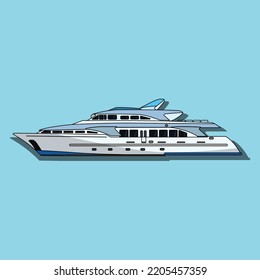 Vector illustration of a ship at sea or yacht. Luxury ocean sailboat on light blue background. Suitable for use for design and logo purposes.