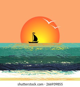 Vector illustration of the ship silhouette on the horizon against the setting sun. Stylized sunset seascape with the sailboat floating on the waves.