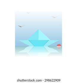 Vector illustration of the ship silhouette on the horizon against the setting sun. Stylized sunset seascape with the sailboat floating on the waves.