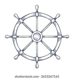 Ilustração vetorial de um volante de navio em estilo vintage de contorno para projetos náuticos. Desenho de forro de mar Leme pintado por tintas. Contornos para desenho marinho em fundo isolado.