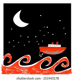 Vector illustration with ship, storm sea and dark starry sky.