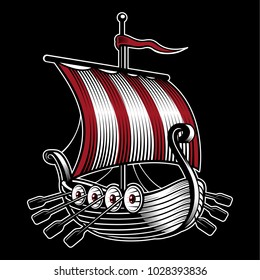 Vector illustration with ship of viking . Isolated on dark background.