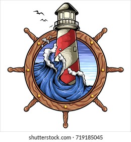 Vector illustration of ship wheel lighthouse wave and sky