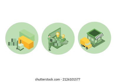 Vector Illustration of shipping On-time delivery Vehicles designed to carry large numbers of cargo. Global logistics network isometric illustration Icons set of sea cargo trucking rail transportation