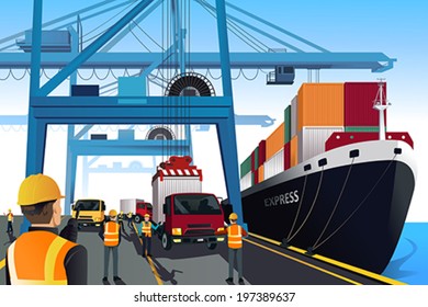 A Vector Illustration Of Shipping Port Scene