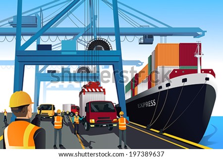 A vector illustration of shipping port scene