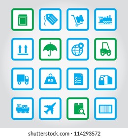 Vector illustration of shipping and transportation icons in square frames.
