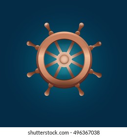 Vector illustration of a ships helm on a dark blue background. Marine symbol. Realistic helm. Background for cards, invitations, banners, web-sites, covers, poster. Nautical style.