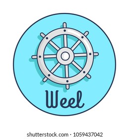 Vector illustration of shipwheel and black inscription of word wheel placed below it. Circle banner with light blue background.