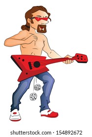 Vector illustration of shirtless male rockstar playing guitar.