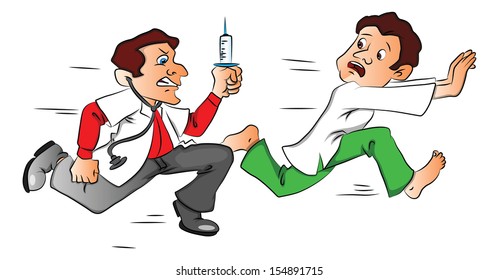 Vector illustration of shocked male patient escaping from the doctor with a syringe.