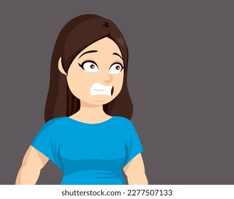 Vector illustration of shocked plus size woman with terrified face expression stressed. Female person concerned about her health