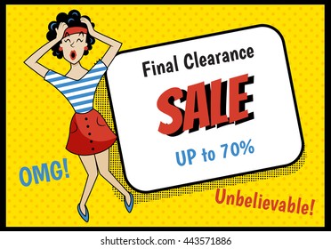 vector illustration of a shocked retro girl, excited because of huge sale