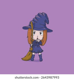 Ilustração vetorial de uma bruxa chocada segurando uma vassoura voadora. Ela usa um vestido roxo e um chapéu roxo. Adequado para design de anúncios de halloween, necessidades educacionais, etc