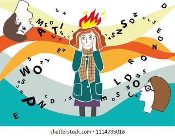 Vector illustration with a shocked woman holding her head in the hands and learning foreign language.