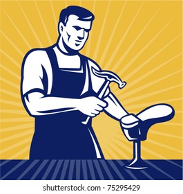 vector illustration of a shoemaker or cobbler with hammer repairing shoe set inside square done in retro style