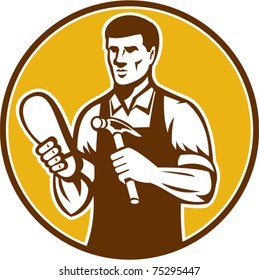 vector illustration of a shoemaker or cobbler with hammer repairing shoe set inside circle done in retro style