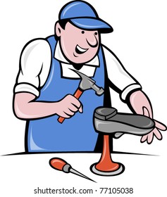 vector illustration of a shoemaker , cobbler shoe repair working on isolated background done in cartoon style.