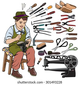 Vector illustration, shoemaker gear, cartoon concept, white background.