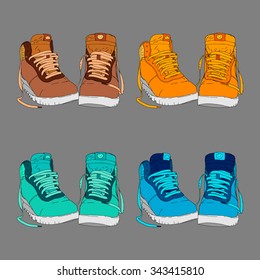 Vector illustration of shoes. Four colorful couple on isolated background.