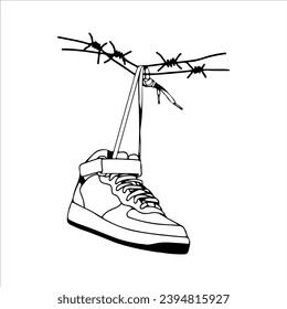 vector illustration of shoes hanging on barbed wire