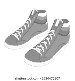 Vector illustration of shoes isolated on white background for kids coloring book. Stylish high-top sneakers with laces in classic black and white design