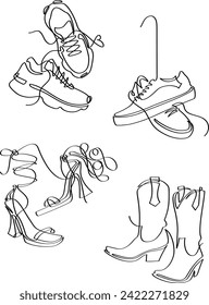 Vector illustration of shoes. Sneakers, sports shoes in a line style. Continuous one line.