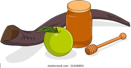 Vector illustration of shofar apple and honey jar for yom kippur 