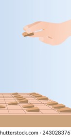 Vector illustration of shogi board and hand hitting pieces