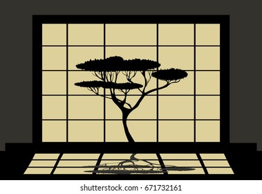 Vector illustration of shoji and bonsai silhouette