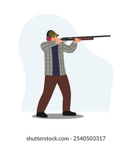 Vector illustration of a shooting range. Cartoon scene of a man holding a gun, aiming, wearing headphones, a cap, a checkered shirt, pants, shoes isolated on a white background. Sports shooting.