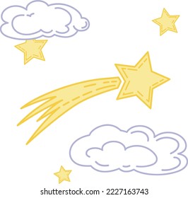 Vector illustration of a shooting star against the sky with stars and clouds