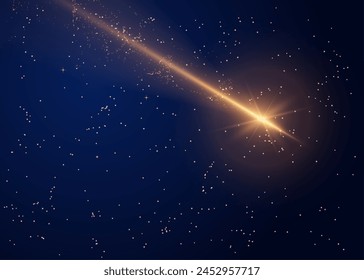 Vector illustration of a shooting star with bright light effects and a trail with twinkling particles. Gold flash on isolated black background with small stars.