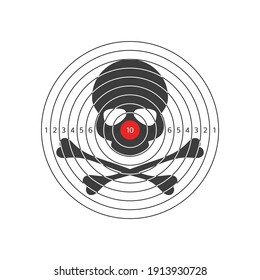Vector illustration of shooting target with skull and bones silhouette isolated on white background. Target icon clip art. Shooting range mark vector sign. 