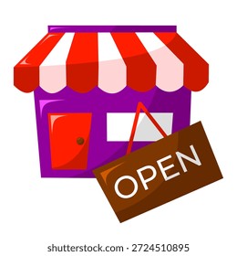 vector illustration of a shop building with an open sign, representing retail business, store operations, and commercial activities.
