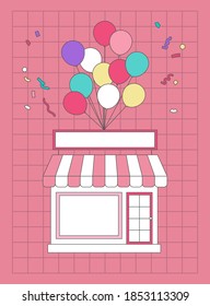 Vector illustration of a shop hanging from balloons.