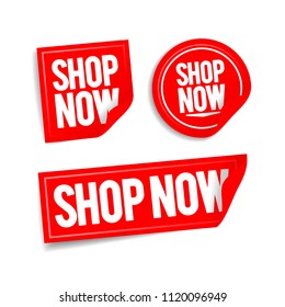 vector illustration shop now buttons, online store stickers set. Web element.