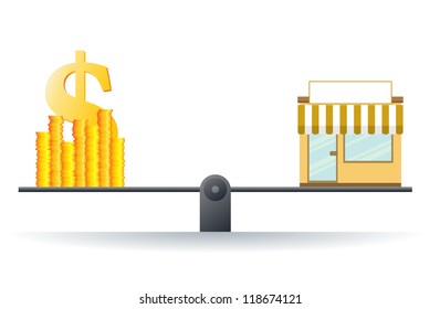 Vector illustration of a shop on a scale with heaps of gold dollar coins.