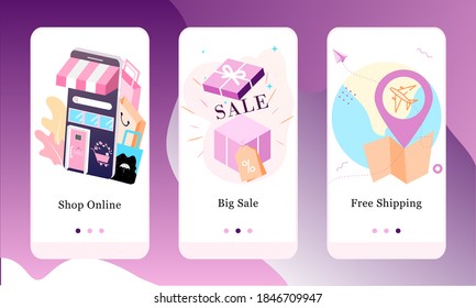 Vector illustration of Shop Online, Big Sale and Free Shipping service on the onboarding app screens and web concept. Modern interface UX, UI GUI screen template for smart phone or web site banners.