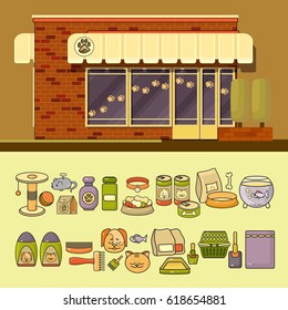 Vector illustration of shop and set of cute various colorful pet icons. Flat design vector illustration of small business concept. Stylish pet boutique. Store design template. 