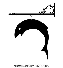 Vector illustration shop sign with fish black silhouette symbol for fish restaurant or shop.