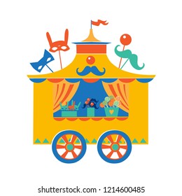 Vector illustration of a shop of Souvenirs and carnival masks. Shop on wheels