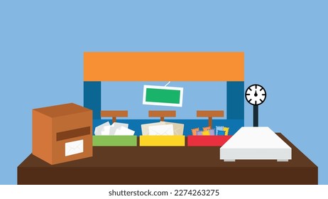 Ilustración vectorial de una tienda o tienda con mostrador, caja registradora, caja registradora, caja de mercancías y escala.