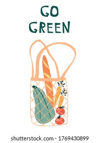 Ilustración vectorial con bolsa de compra. Bolsa de tela ecológica llena de verduras y baguette. Vamos verde.