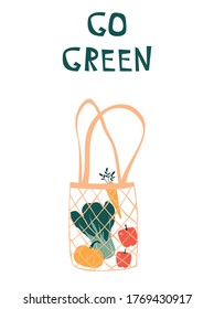 Vector illustration with shopper bag. Eco-friendly fabric bag filled with vegetables. Go green.